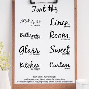 May include: A black and white image of a font style guide for labels. The font is a cursive script style. The text reads "Font #3" and includes examples of labels for "All-Purpose Cleaner", "Linen Spray", "Bathroom Cleaner", "Room Refresh", "Glass Cleaner", "Sweet Dreams", "Kitchen Cleaner", and "Custom Label". Each label is 4.25 inches long.