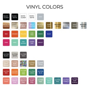 May include: A chart showing a variety of vinyl colors for crafting projects. The colors are organized into categories: black, white, gray, metallic, glitter, and more. The chart includes both solid and glitter colors.