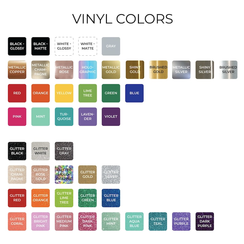 May include: A chart showing a variety of vinyl colors for crafting projects. The colors are organized into categories: black, white, gray, metallic, glitter, and more. The chart includes both solid and glitter colors.