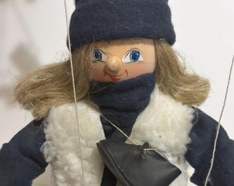 Vintage Winter Child Marionette Puppet 14" Wooden String Puppet with Boot-Shaped Pouch Czech Folk Art Collectible