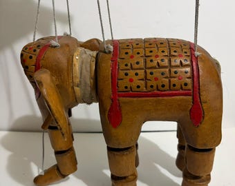 Vintage Hand Carved Wooden Elephant Marionette – Folk Art String Puppet – Likely Indian Handmade Elephant Puppet