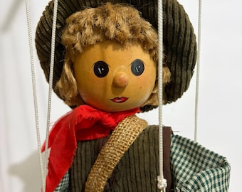 Vintage Farmer Boy Marionette Puppet with Apple Basket