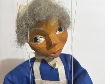 Vintage West German Hand-Carved Wooden Marionette Puppet – Folk Art Peasant Woman – Handmade String Puppet