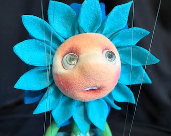 Petalina the Listener: Handmade Flower Face Marionette Puppet, Whimsical Fairy Tale Character. Green or Blue.