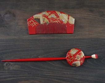 Japanese secondhand kushi and kanzashi set, used hair accessory for kimono, comb, kushi, hair stick, kanzashi, raden, shell decoration