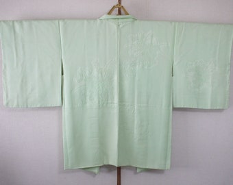 secondhand Japanese haori, kimono jacket for woman, silk, pale green, light green