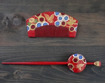 Japanese secondhand kushi and kanzashi set, used hair accessory for kimono, comb, kushi, hair stick, kanzashi, butterfly