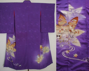 second hand kimono, Japanese vintage formal kimono, tomesode, iro-tomesode, silk, purple, maple leaf