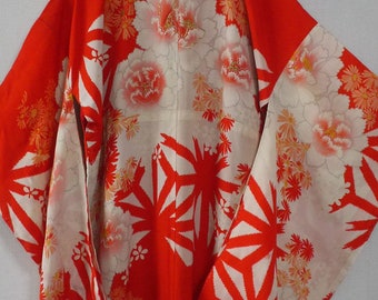 secondhand juban, worn garment under kimono, Japanese vintage juban for woman, antique, silk, orange, peony, embroidery