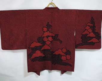 secondhand Japanese haori, used kimono jacket for woman, shibori, silk, red, black, water stream