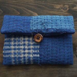 Op de afbeelding: Een rechthoekig stoffen tasje met een patchworkontwerp in verschillende blauwtinten en een grijs ruitpatroon. De buitenkant is gedetailleerd met zichtbaar rijgstiksel en wordt gesloten met een enkele bruine houten knoop.