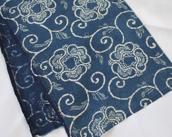 katazome, Japanese vintage fabric, vintage indigo cotton, boro, indigo, pine trees, navy