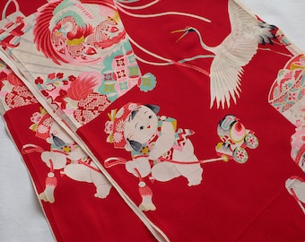 Japanese vintage kimono fabric, silk, folk textile, antique, crane, baby, folding fan, red