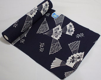 Japanese yukata fabric, Japanese cotton fabric for yukata, dark navy, tanmono, folding fan