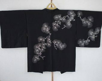 secondhand Japanese haori, kimono jacket for woman, silk, black, pine tree, embroidery