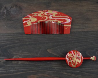 Japanese secondhand kushi and kanzashi set, used hair accessory for kimono, comb, kushi, hair stick, kanzashi, water stream