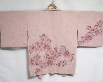secondhand Japanese haori, used kimono jacket for woman, shibori, silk, pink, chrysanthemum