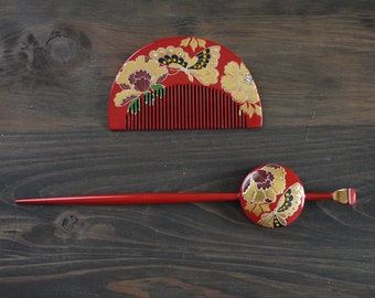 Japanese secondhand kushi and kanzashi set, used hair accessory for kimono, comb, kushi, hair stick, kanzashi, butterfly, peony, raden