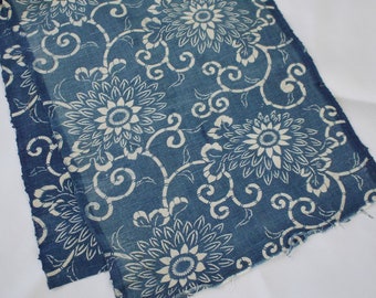 katazome, Japanese vintage fabric, vintage indigo cotton, boro, indigo, chrysanthemumm, navy