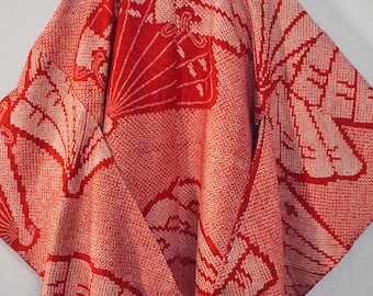 secondhand woman's juban, garment worn under kimono, Japanese vintage juban for women, silk, shibori, red, folding fan