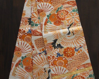 secondhand maru-obi, vintage obi, Japanese antique obi belt for formal kimono, orange, crane, chrysanthemum,