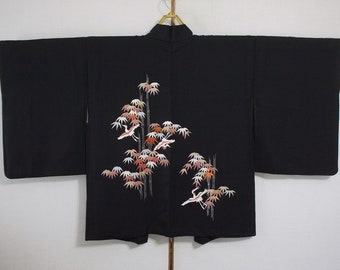secondhand Japanese haori, kimono jacket for woman, silk, black, bamboo, crane