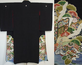 secondhand kimono, Japanese vintage formal kimono, tomesode, kuro-tomesode, silk, black, crane, wave