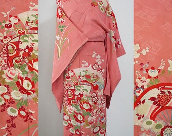 secondhand kimono, Japanese vintage formal kimono, homongi/houmongi, silk, peony and folding fan