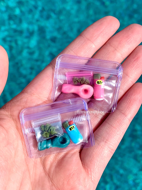 Miniature Stoner Pack / Mini sculpted Fake Pipe, weed bag, and bic lighter / Dollhouse Miniatures