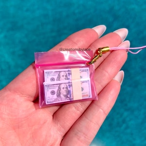 May include: A pink plastic bag with a gold clasp and a pink string attached. Inside the bag are two miniature stacks of fake $100 bills. The bag is held in a hand.