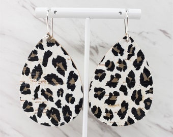 Cheetah Print | Leopard Print | Animal Print | Cork Earrings | Leather Earrings | Large Teardrop Earrings | Grey