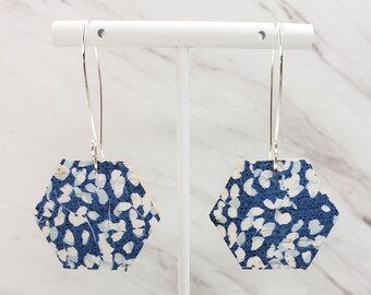 Cork Earrings | Hexagon Earrings | Leather Earrings | Blue White Flowers