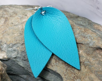 Leather Earrings | Large Leaf Earrings | Teal Blue Earrings