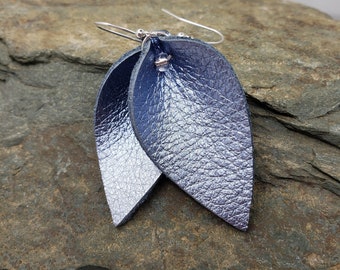 Leather Earrings | Small Leaf Earrings | Light Blue Earrings