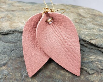Leather Earrings | Small Leaf Earrings | Salmon Pink Earrings