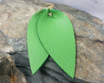 Leather Earrings | Large Leaf Earrings | Green Earrings