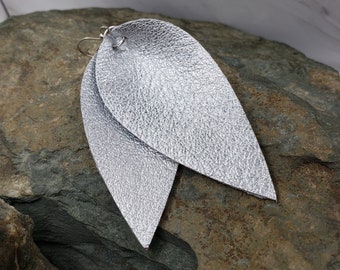 Leather Earrings | Large Leaf Earrings | Silver Earrings
