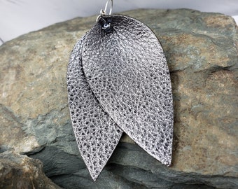 Leather Earrings | Large Leaf Earrings | Gunmetal Earrings