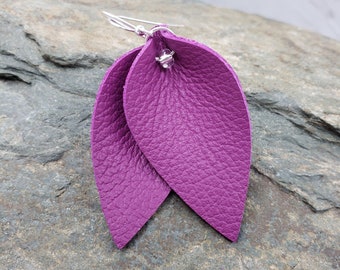 Leather Earrings | Small Leaf Earrings | Magenta Purple Earrings