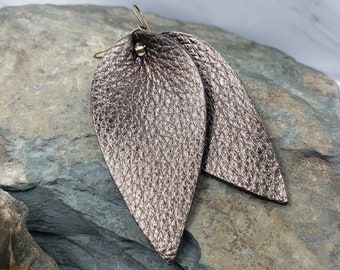 Leather Earrings | Large Leaf Earrings | Bronze Earrings