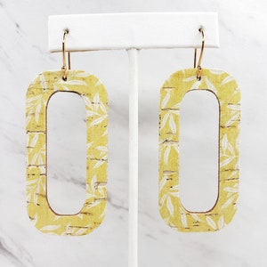 Cork Earrings | Rectangle Earrings | Leather Earrings | Yellow Earrings | Botanical Earrings