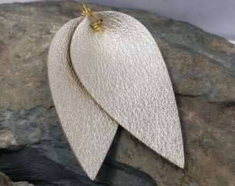 Leather Earrings | Large Leaf Earrings | Soft Gold Earrings