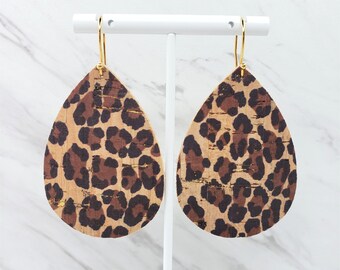 Cheetah Print | Leopard Print | Animal Print | Cork Earrings | Leather Earrings | Large Teardrop Earrings | Brown