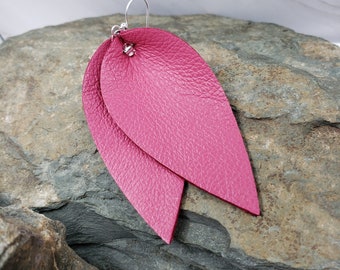 Leather Earrings | Large Leaf Earrings | Pink Earrings