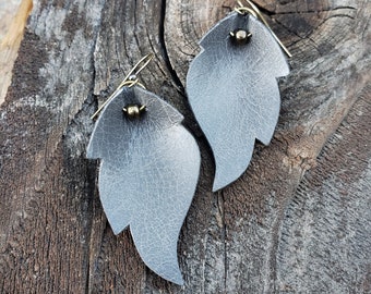 Leather Earrings | Boho Feather Earrings | Rustic Earrings | Distressed Leather | Small Grey