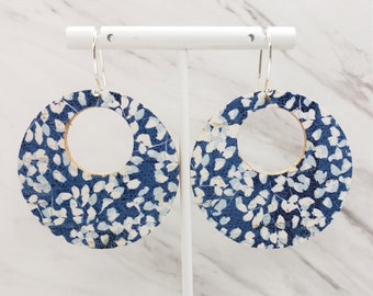 Cork Earrings | Open Circle Earrings | Leather Earrings | Blue White Flowers