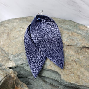 Leather Earrings | Large Leaf Earrings | Navy Blue Earrings