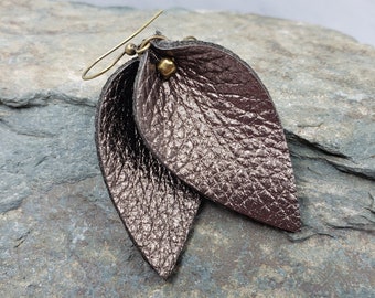 Leather Earrings | Small Leaf Earrings | Bronze Earrings