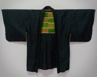 Vintage Japanese Kimono Abstract Art Design/ Silk Mix Cotton Fabric/ Short Kimono/ Fits M