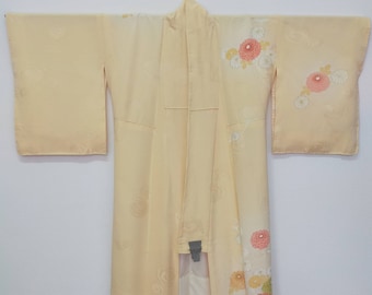 Vintage Japanese Kimono Houmongi Embroidery Chrysanthemum Art Design/ Silk Fabric/ Long Kimono